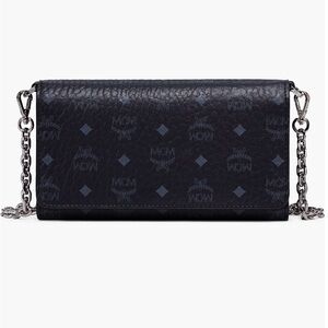 MCM Navy Monogram Chain Wallet with Silver Hardware